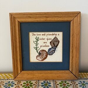 Vintage framed cross stitch coastal nautical sister gift MCM handmade art decor